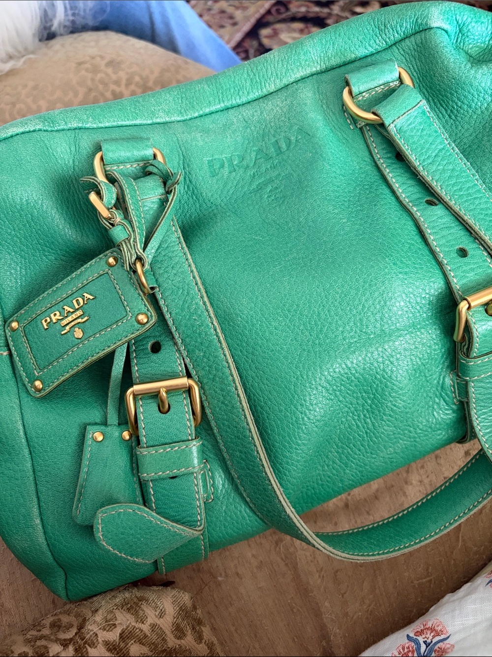 Prada Teal Green Pebbled Leather Shoulder Bag with Gold Hardware